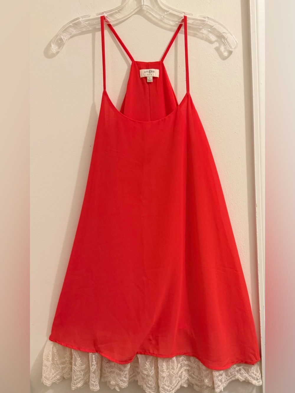 Umgee Red Spaghetti Strap Swing Mini  Lined with Lace Bottom
